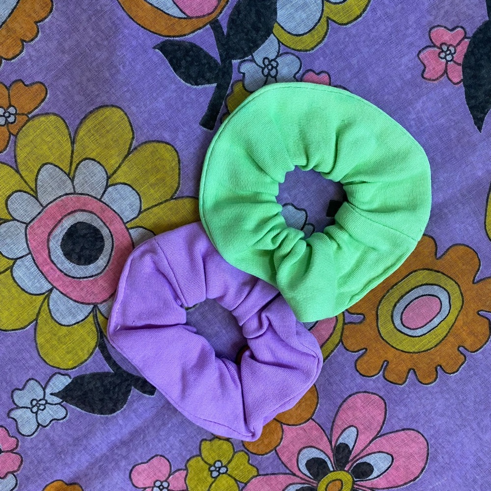 Set of 2 Handdyed Cotton Green Pinkish Purple Hair Scrunchies
